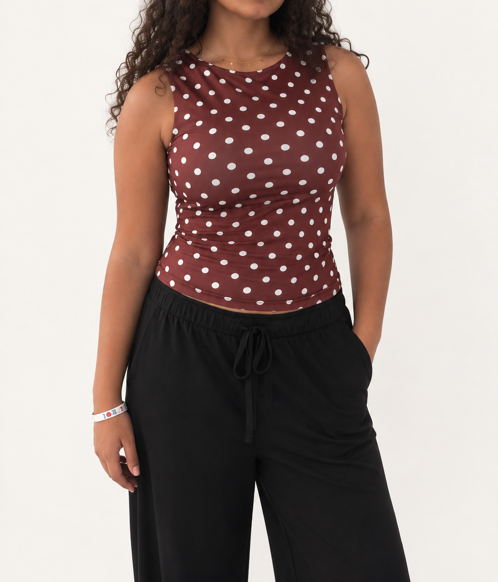 Brown Polka Dot Boat Neck Top