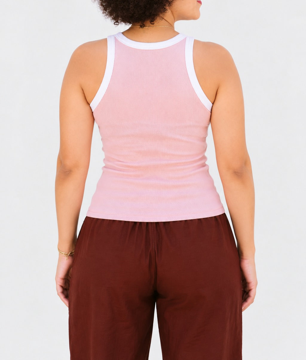 Powder Pink Ribbed Contrast Tank Top