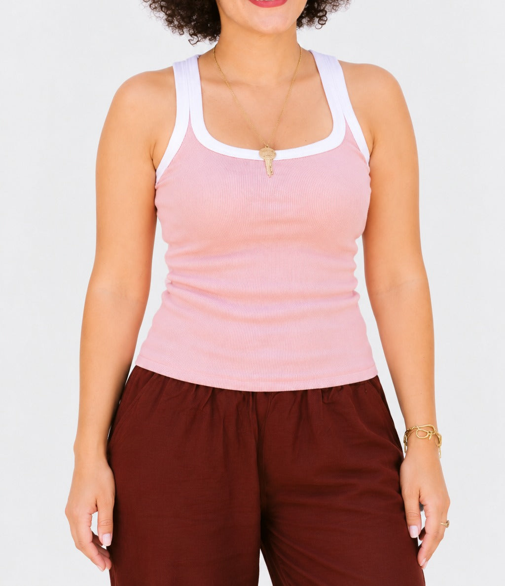 Powder Pink Ribbed Contrast Tank Top