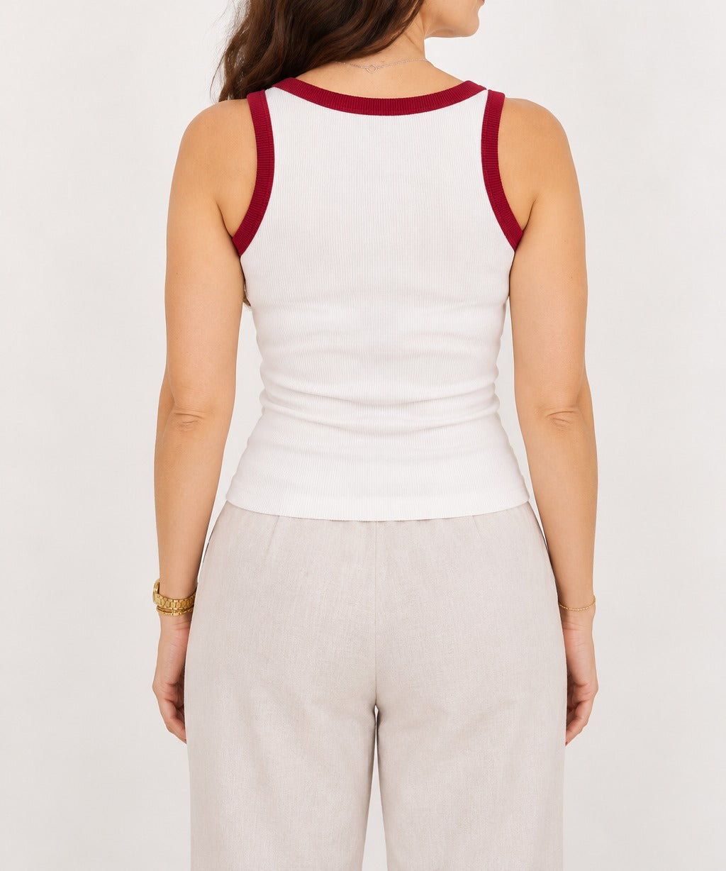 Off White Ribbed Contrast Tank Top