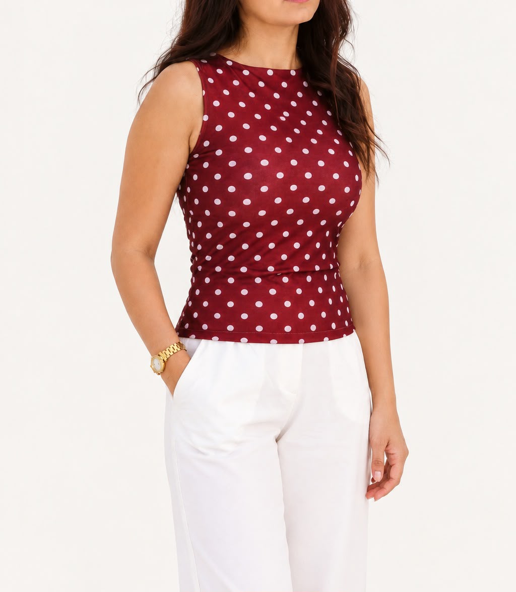 Burgundy Polka Dot Boat Neck Top
