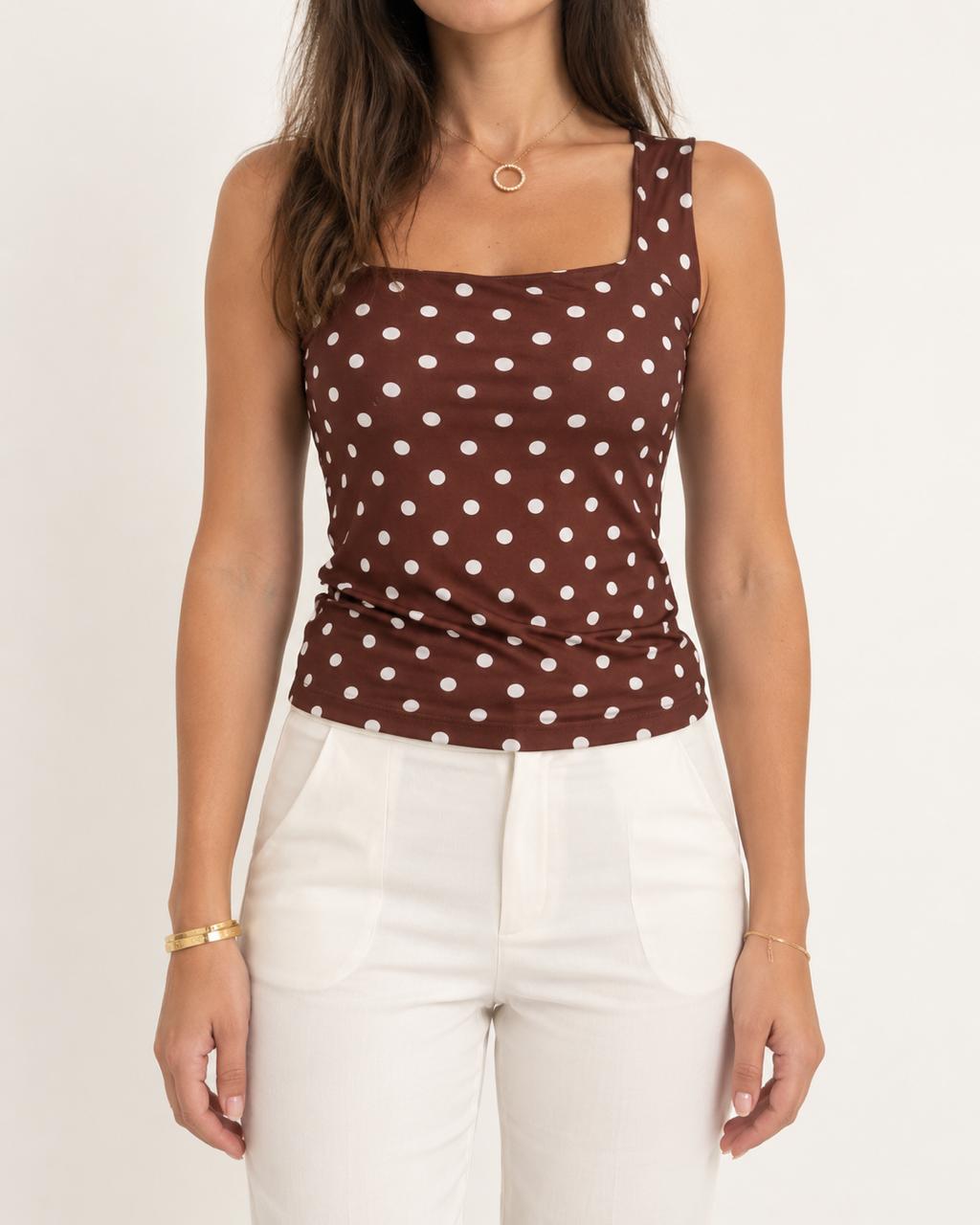 Brown Polka Dot Square Neck Top